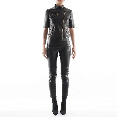 Pre-owned Handmade Italian  Women Leather Biker Trend Jacket Slim Fit Short Sleeves Black S