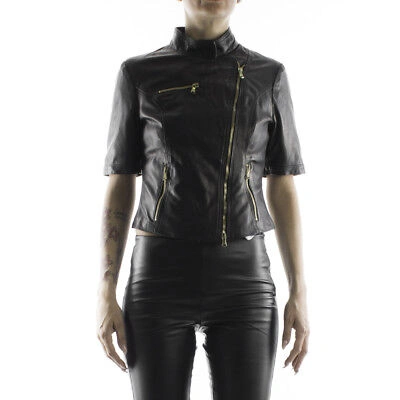 Pre-owned Handmade Italian  Women Leather Biker Trend Jacket Slim Fit Short Sleeves Black S