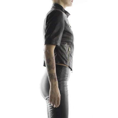Pre-owned Handmade Italian  Women Leather Biker Trend Jacket Slim Fit Short Sleeves Black S