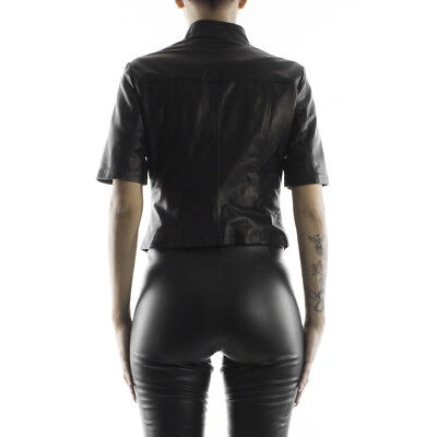 Pre-owned Handmade Italian  Women Leather Biker Trend Jacket Slim Fit Short Sleeves Black S