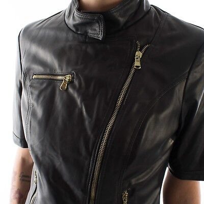 Pre-owned Handmade Italian  Women Leather Biker Trend Jacket Slim Fit Short Sleeves Black S