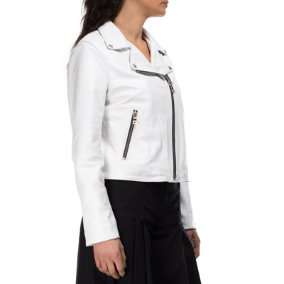 Pre-owned Handmade Italian  Women Genuine Lamb Leather Biker Jacket White