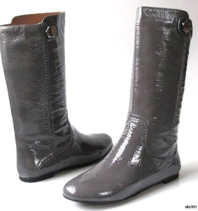 Pre-owned Marc By Marc Jacobs Marc Jacobs Gray Patent Leather Logo Stud Flat Boots Super Comfortable $499