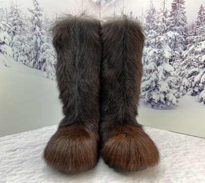 Pre-owned Litvin Brown Goat Fur Boots For Men, Winter Snow Boots, Mukluks, Mongolian Boots