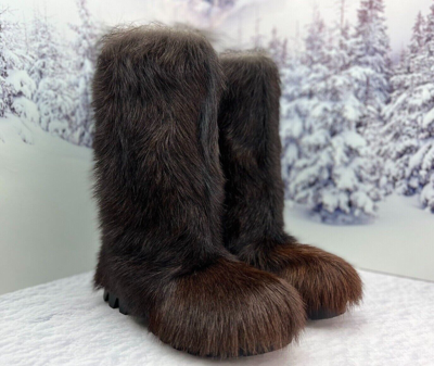 Pre-owned Litvin Brown Goat Fur Boots For Men, Winter Snow Boots, Mukluks, Mongolian Boots