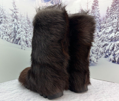 Pre-owned Litvin Brown Goat Fur Boots For Men, Winter Snow Boots, Mukluks, Mongolian Boots