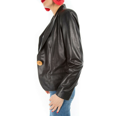 Pre-owned Handmade Italian  Women Lamb Genuine Leather Blazer Jacket Lightweight Black
