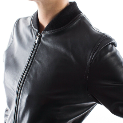 Pre-owned Handmade Italian  Women Genuine Lamb Leather Bomber Jacket Black