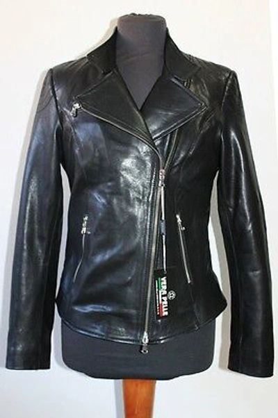 Pre-owned Handmade Italian  Women Lambskin Leather Moto Biker Jacket Slim Fit Black M