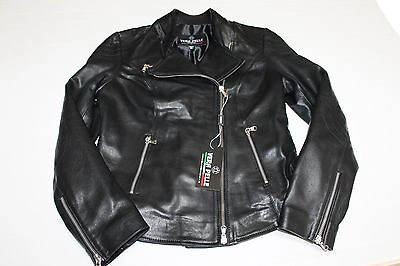 Pre-owned Handmade Italian  Women Lambskin Leather Moto Biker Jacket Slim Fit Black M
