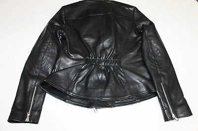 Pre-owned Handmade Italian  Women Lambskin Leather Moto Biker Jacket Slim Fit Black M