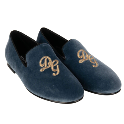 Pre-owned Dolce & Gabbana Velvet Loafer Shoes Amalfi Logo Embroidery Blue Gold 11049