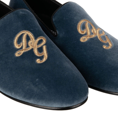 Pre-owned Dolce & Gabbana Velvet Loafer Shoes Amalfi Logo Embroidery Blue Gold 11049