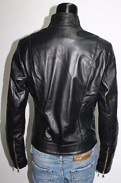 Pre-owned Handmade Italian  Women Lambskin Leather Simple Jacket Slim Fit M Gold Hardware
