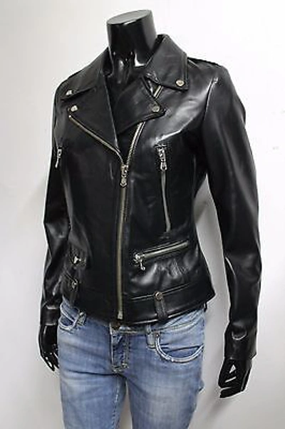 Pre-owned Handmade Italian  Women Lambskin Leather Moto Biker Jacket Slim Fit Black M