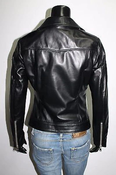 Pre-owned Handmade Italian  Women Lambskin Leather Moto Biker Jacket Slim Fit Black M