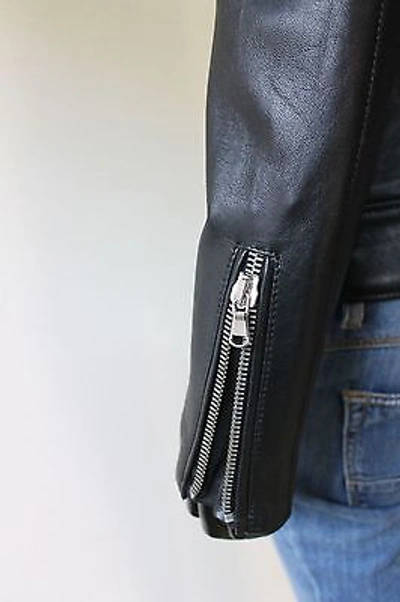 Pre-owned Handmade Italian  Women Lambskin Leather Moto Biker Jacket Slim Fit Black M