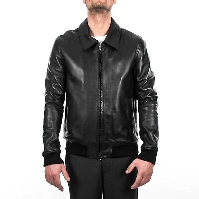 Pre-owned Handmade Italian Men Lambskin Genuine Soft Leather Bomber Jacket Black M