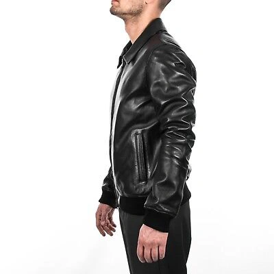 Pre-owned Handmade Italian Men Lambskin Genuine Soft Leather Bomber Jacket Black M