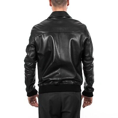 Pre-owned Handmade Italian Men Lambskin Genuine Soft Leather Bomber Jacket Black M