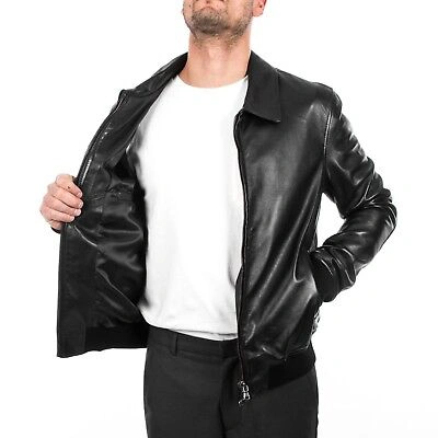Pre-owned Handmade Italian Men Lambskin Genuine Soft Leather Bomber Jacket Black M