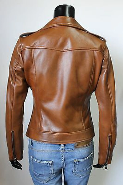 Pre-owned Handmade Italian  Women Leather Biker Jacket Slim Fit Saddle Tan Distressed Xs