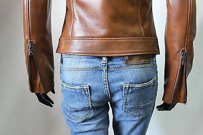 Pre-owned Handmade Italian  Women Leather Biker Jacket Slim Fit Saddle Tan Distressed Xs