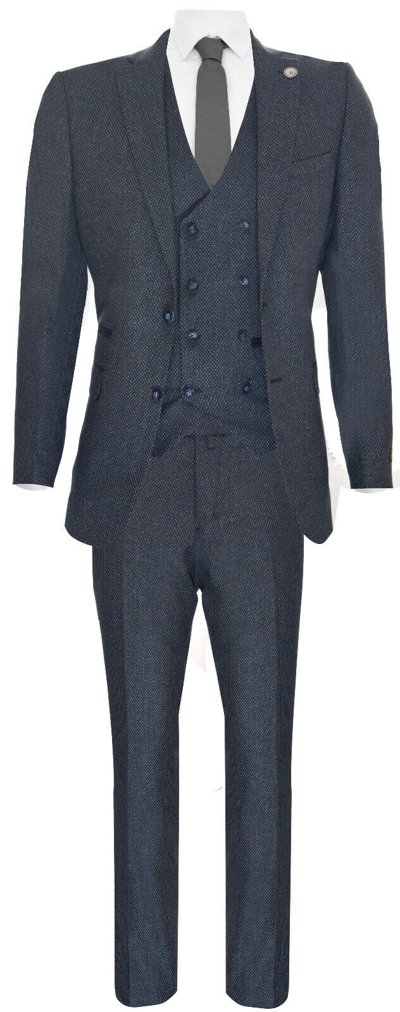 Pre-owned Truclothing Mens Blue Wool 3 Piece Suit Double Breasted Waistcoat Tweed Peaky Blinders 1920s