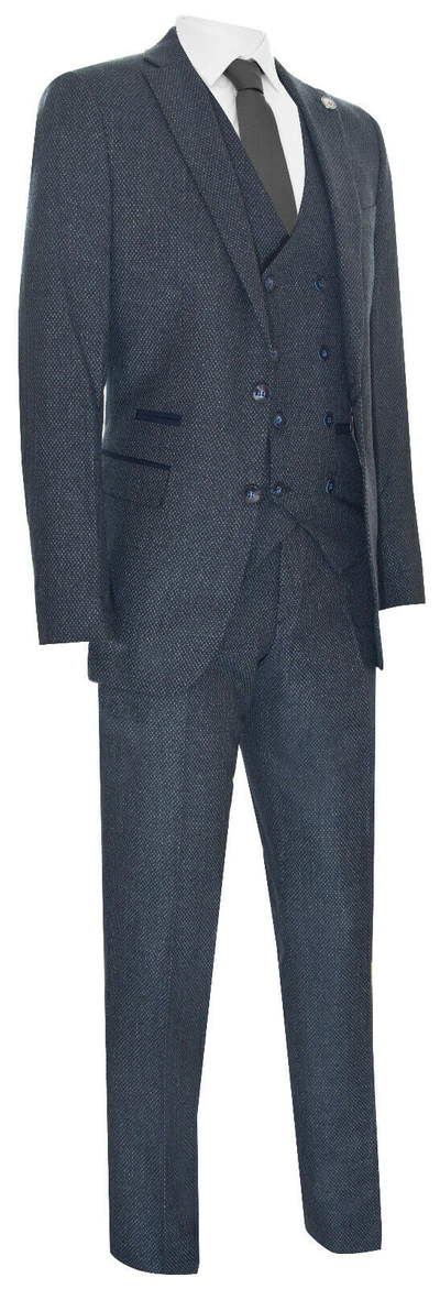 Pre-owned Truclothing Mens Blue Wool 3 Piece Suit Double Breasted Waistcoat Tweed Peaky Blinders 1920s