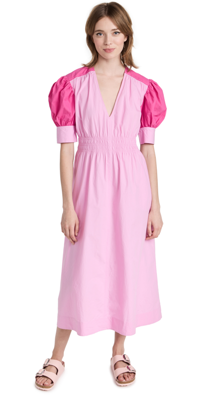 Shop Ganni Block Cotton Poplin Dress In Phlox Pink