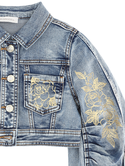 Shop Monnalisa Gold Roses Denim Jacket In Stone Bleach