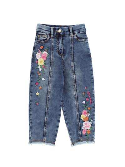 Shop Monnalisa Embroidered Denim Jeans In Blu Stone Denim