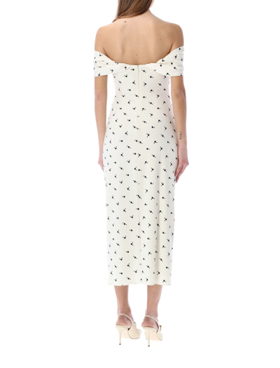 Shop Self-portrait Polka Print Jersey Off-shoulder Midi Dress In Ivory Polka Dot