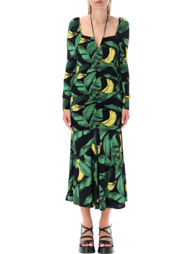 Shop Ganni Ruched Mesh Midi Dress In Leaves Print