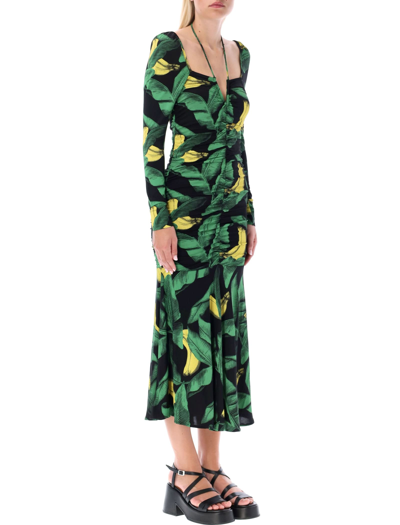 Shop Ganni Ruched Mesh Midi Dress In Leaves Print