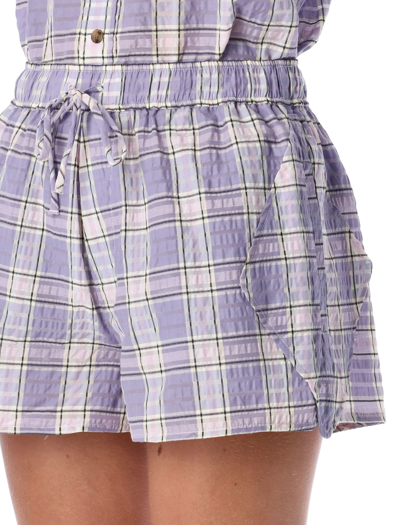 Shop Ganni Mini Seersucker Shorts In Check Violet