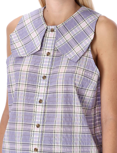 Shop Ganni Seersucker Sleeveless Shirt In Check Violet