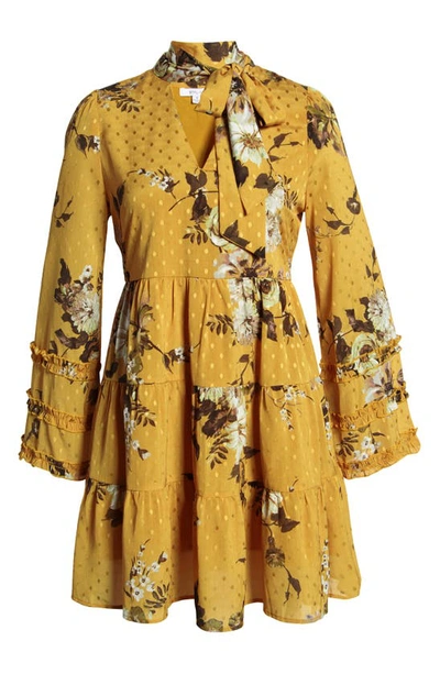 Shop Btfl-life Tie Neck Print Long Sleeve Babydoll Dress In Mustard