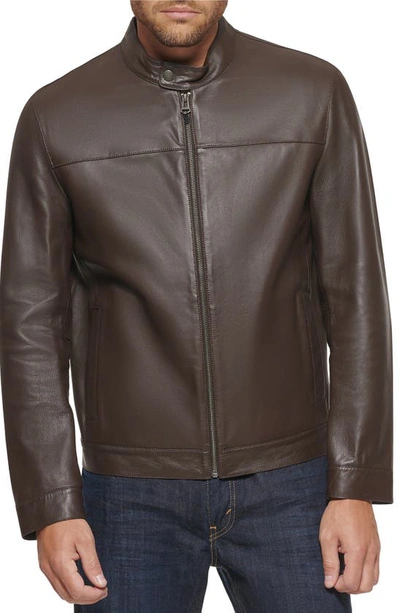 Shop Cole Haan Bonded Leather Moto Jacket In Dark Brown