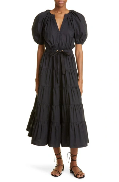 Shop Ulla Johnson Olina Puff Sleeve Poplin Midi Dress In Noir