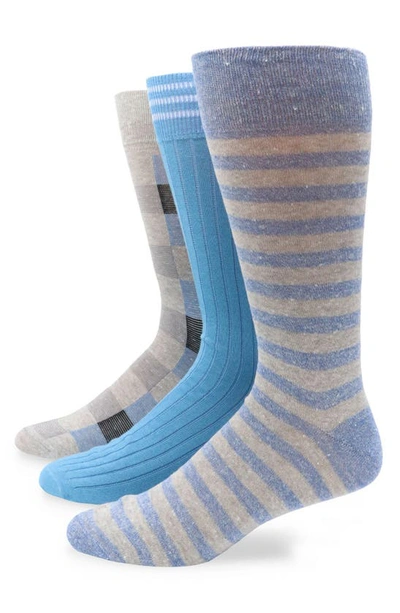 Shop Lorenzo Uomo 3-pack Assorted Stripe Cotton Blend Dress Socks In Light Blue
