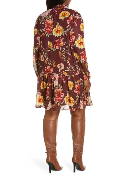 Shop Julia Jordan Floral Print Pleated Long Sleeve A-line Dress In Brown Multi