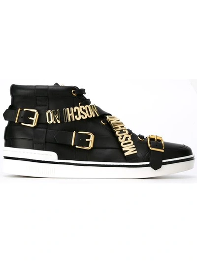 Moschino Logo Lettering Leather High Top Sneakers, Black In Nero