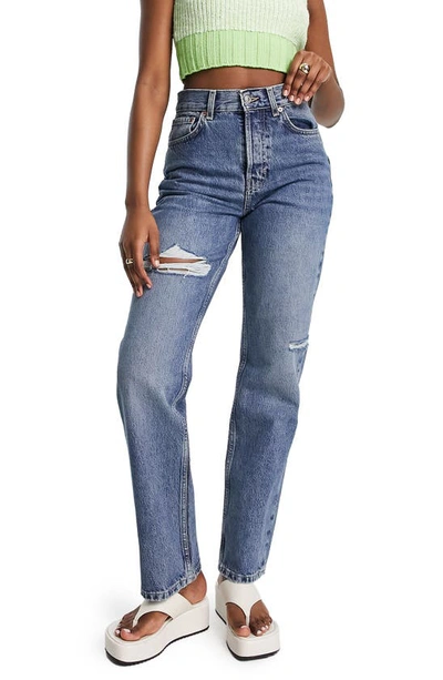 Shop Topshop Brixton Ripped High Waist Dad Jeans In Mid Blue