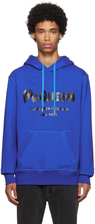 Shop Alexander Mcqueen Blue Cotton Hoodie In 923 Royal Blue/black