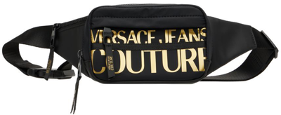 Shop Versace Jeans Couture Black & Gold Logo Couture Belt Bag In Eg89 Black/gold