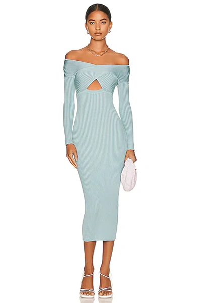 Shop Self-portrait Ribbed Knit Crossover Bust Midi Dress In Light Blue