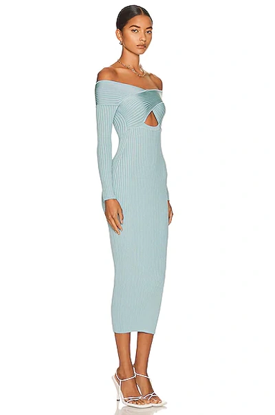 Shop Self-portrait Ribbed Knit Crossover Bust Midi Dress In Light Blue