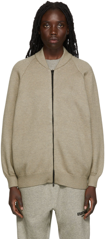 Shop Essentials Gray Knit Zip-up Sweater In Dark Oatmeal