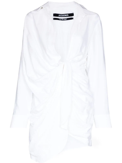 Shop Jacquemus La Robe Bahia Draped Shirt Dress In White